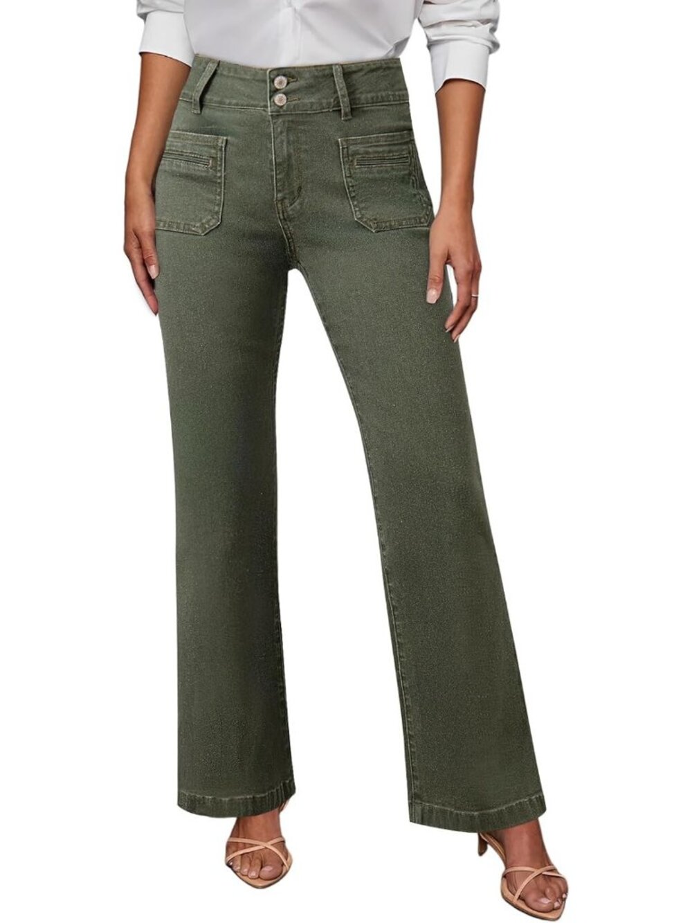 Women's Green Tummy Control Stretchy Cotton Blend Zip Up Straight Leg Jeans